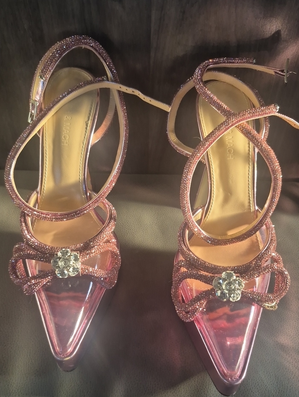 MACH & MACH Rose Gold Crystal Bow Pointed-Toe Ankle-Strap Heels